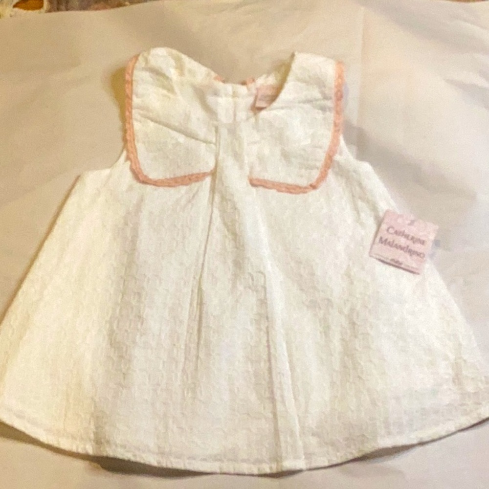 NWT CATHERINE MALANDRINO GIRLS MINI WHITE STITCH DESIGN PINK ACCENT DRESS SZ 2T - Picture 3 of 9